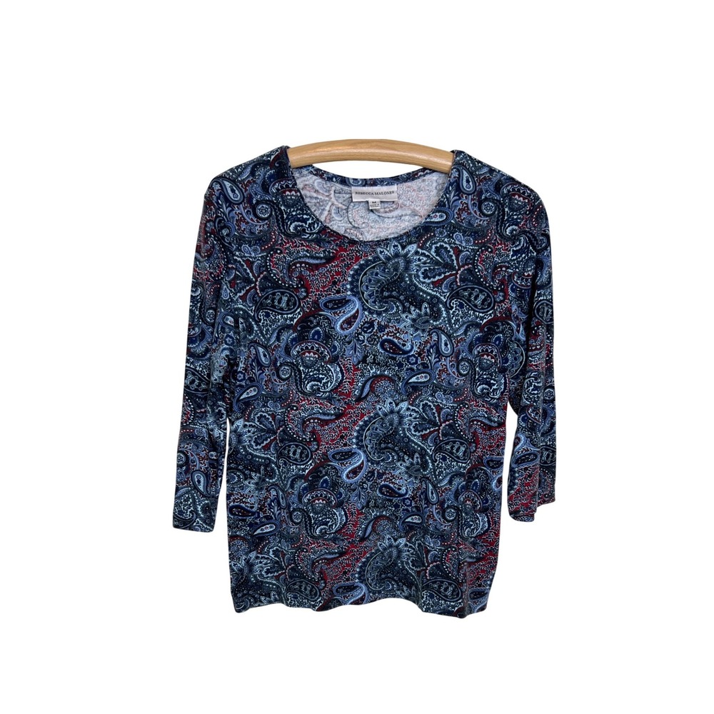 Rebecca Malone Paisley Top Women Med Blue Red 3/4 Sleeve Knit Casual Comfort A34